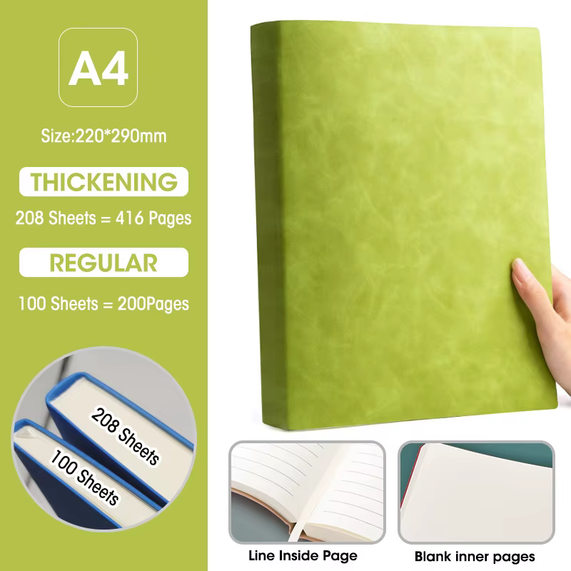 Carnet de notes avec couverture en PU souple, Page intérieure vierge et horizontale, carnet A4, jour