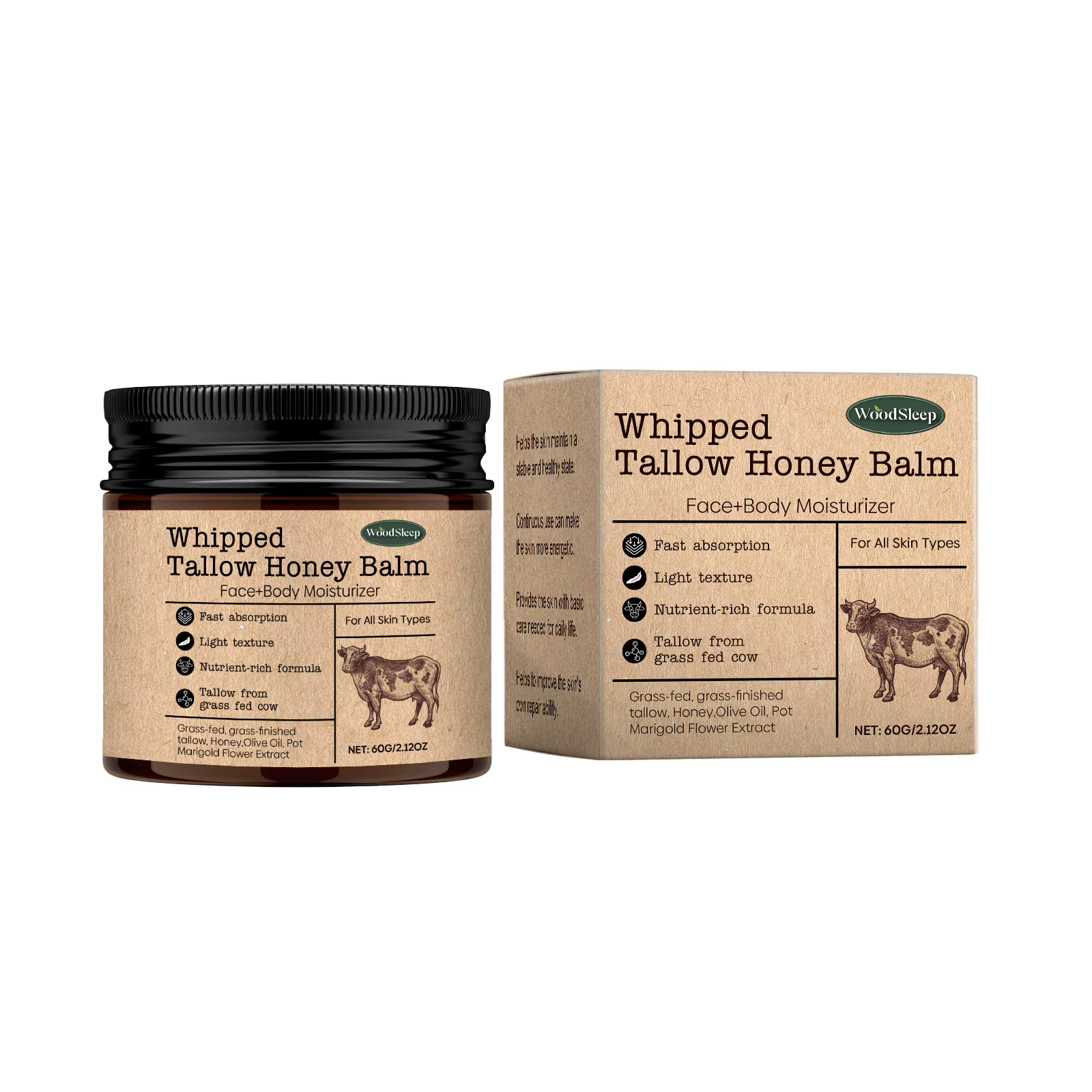 Crème pour le visage au suif de bœuf nourri à l'herbe, baume fouetté au suif de bœuf et au miel, lot