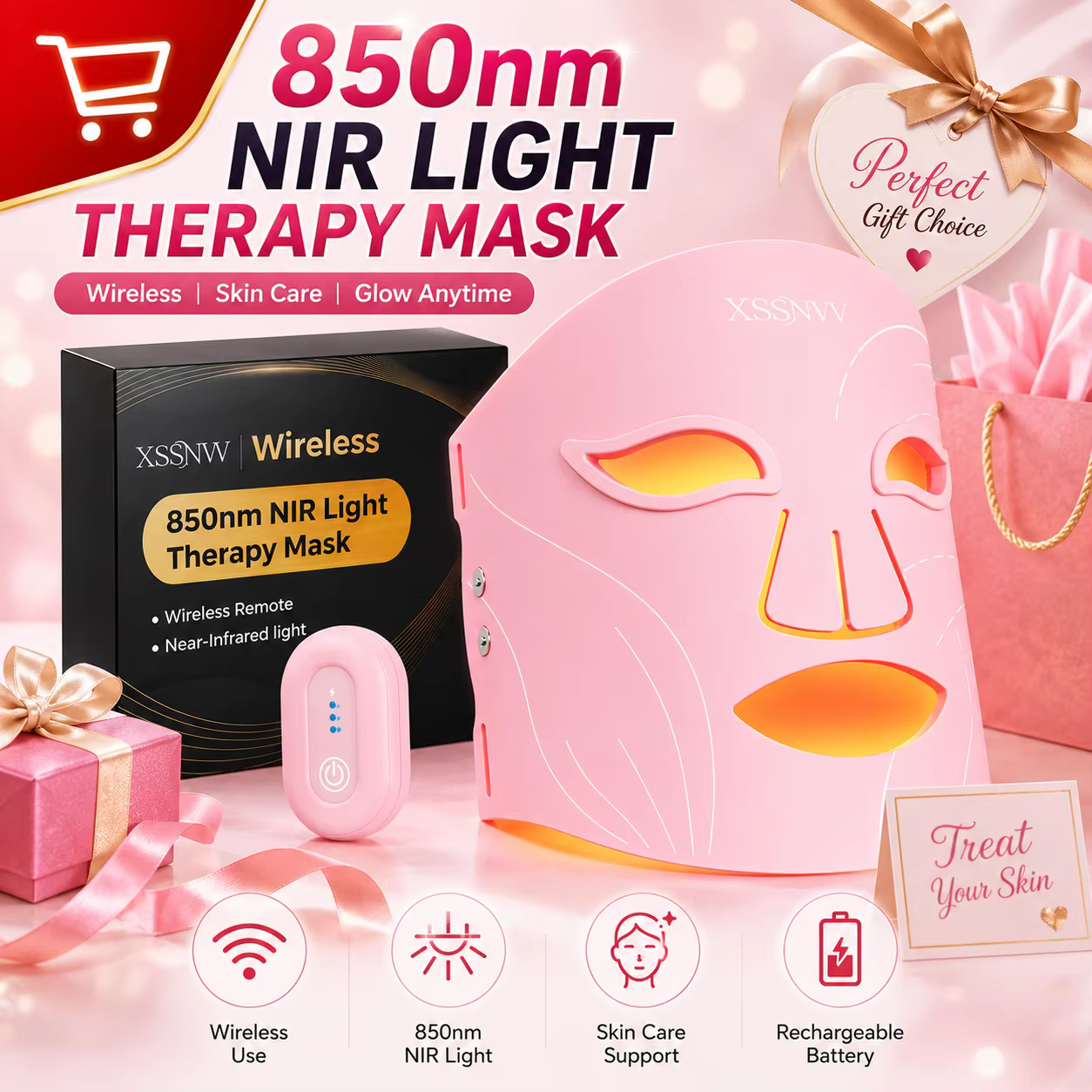 Masque de luminothérapie LED sans fil en silicone avec 4 modes d'éclairage (NIR 850nm, Rouge 620nm, 
