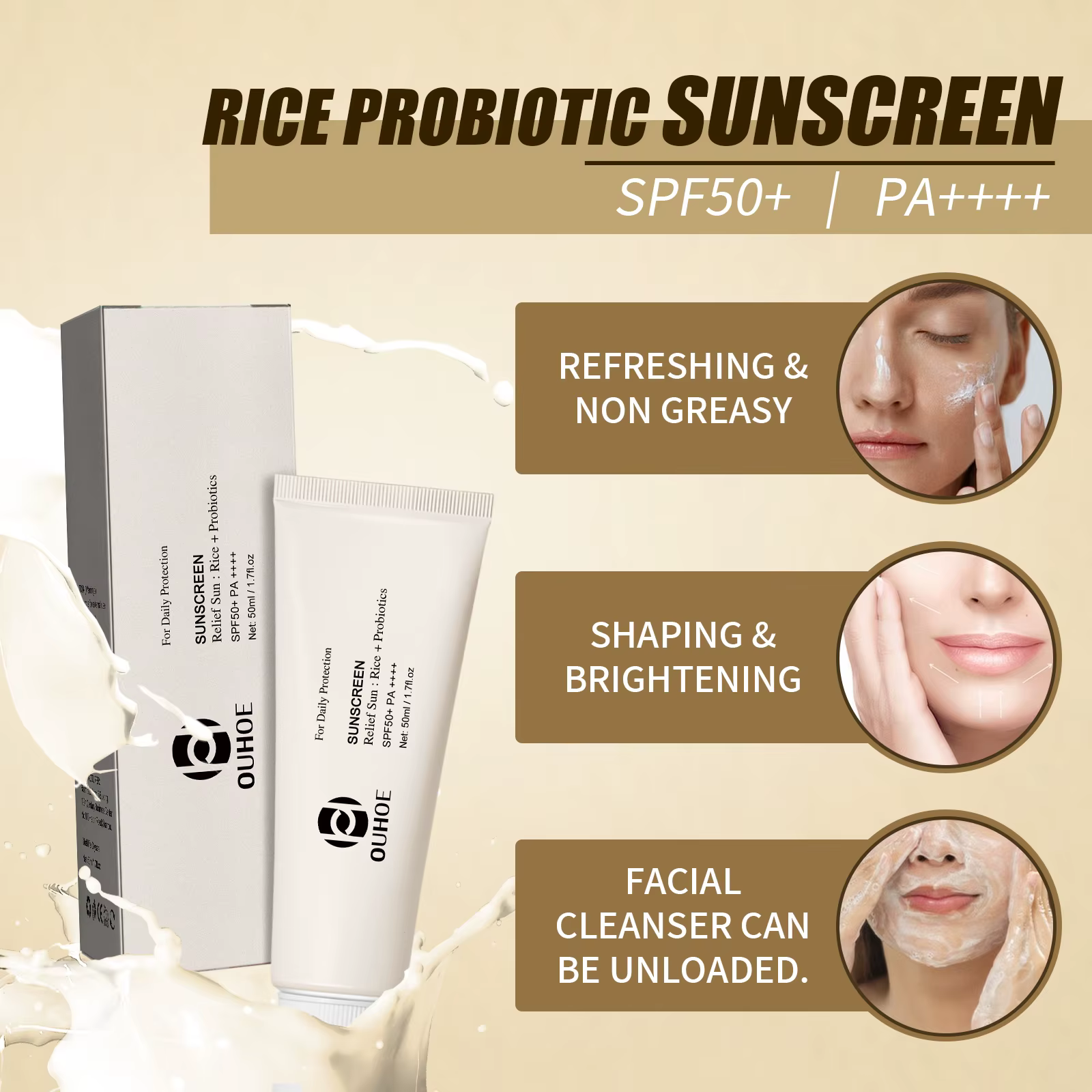 Rice Spf 50-Crème Solaire UV pour le Visage