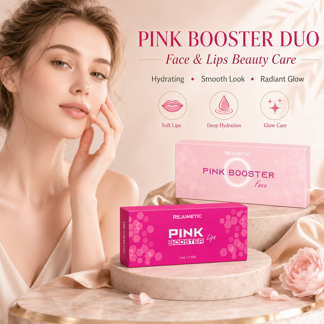Sérum Booster Rose à l'Acide Hyaluronique pour les Lèvres et le Visage – Nouveaux Produits de Beauté 2026 – Kit de Soins Coréens pour la Peau