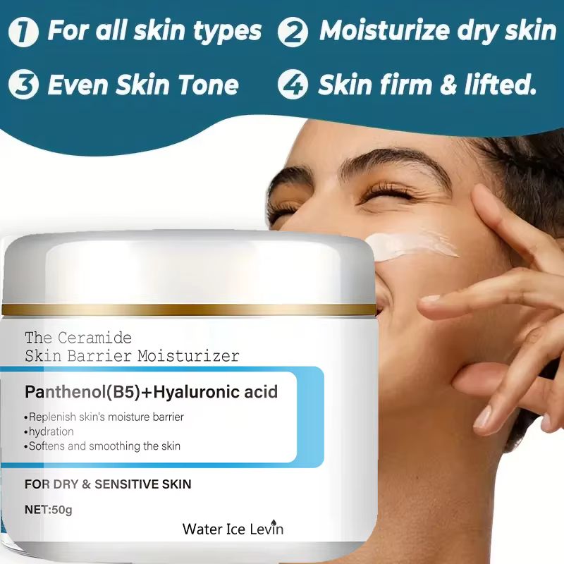 Ceramide Barrière Hydratante Pantenol Acide Hyaluronique. Soulevez instantanément et fermes. Hydrate et lisse. Soulagement de la peau sèche et sensible.