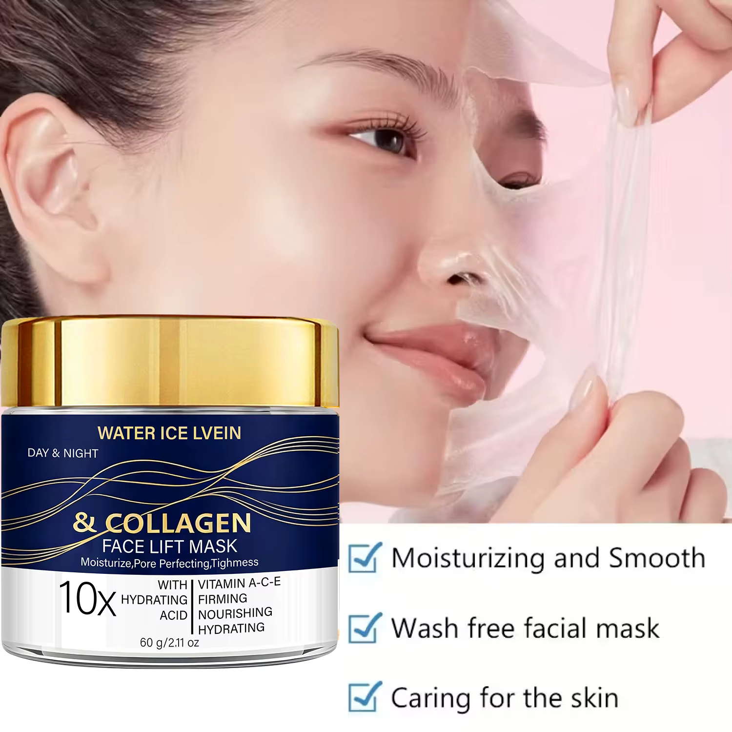 WATER ICE LEVIEN Masque Visage Liftant Hydratant Raffermissant Affine les Pores au Collagène Acide Hyaluronique Vitamines A C E pour Jour et Nuit 60g
