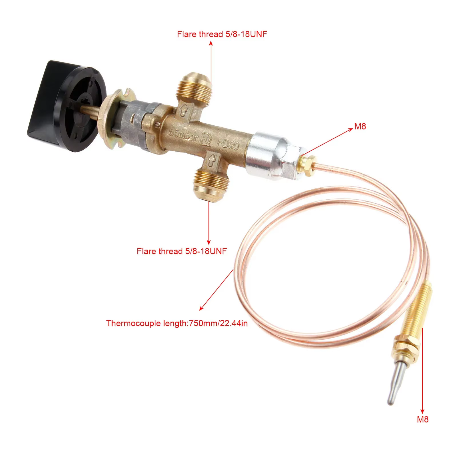 Vanne de commande de foyer pour gril à gaz, foyer, thermocouple avec interrupteur à bouton, tête filetée M8 x 1, 600mm