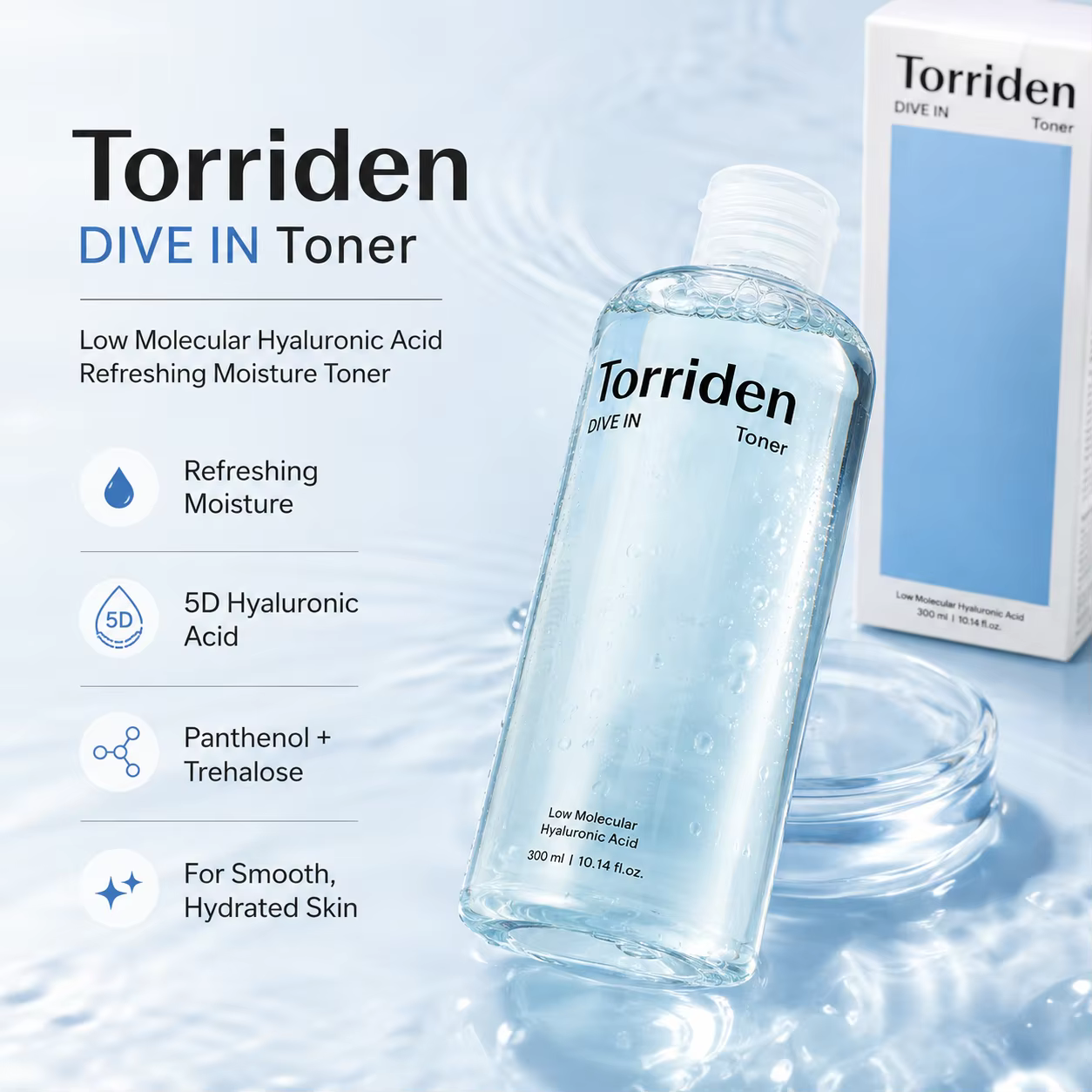 Torriden DIVE IN Tonique à l'acide hyaluronique à faible poids moléculaire 300 ml Eau hydratante et rafraîchissante pour le visage Hydratant Anti-dessèchement de la peau