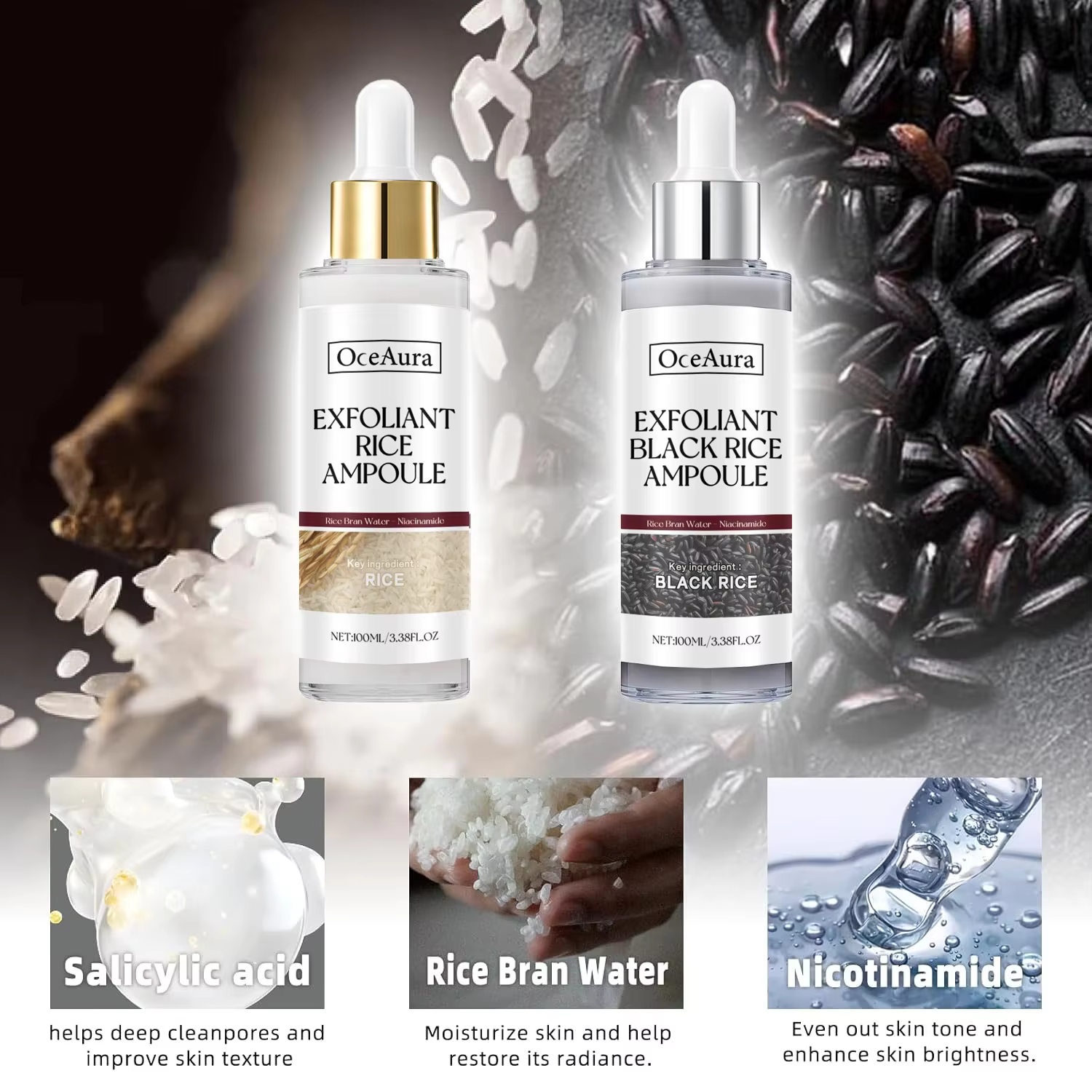 Essence exfoliante de riz noir et blanc