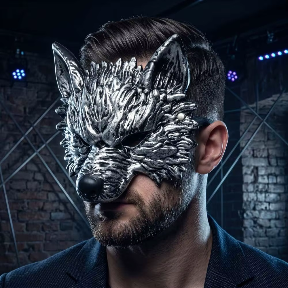 Masque de loup amusant pour cosplay d'Halloween, texture 3D en fourrure, respirant, avec trou pour les yeux, masque de costume de fête, design animal, finition noir et argent