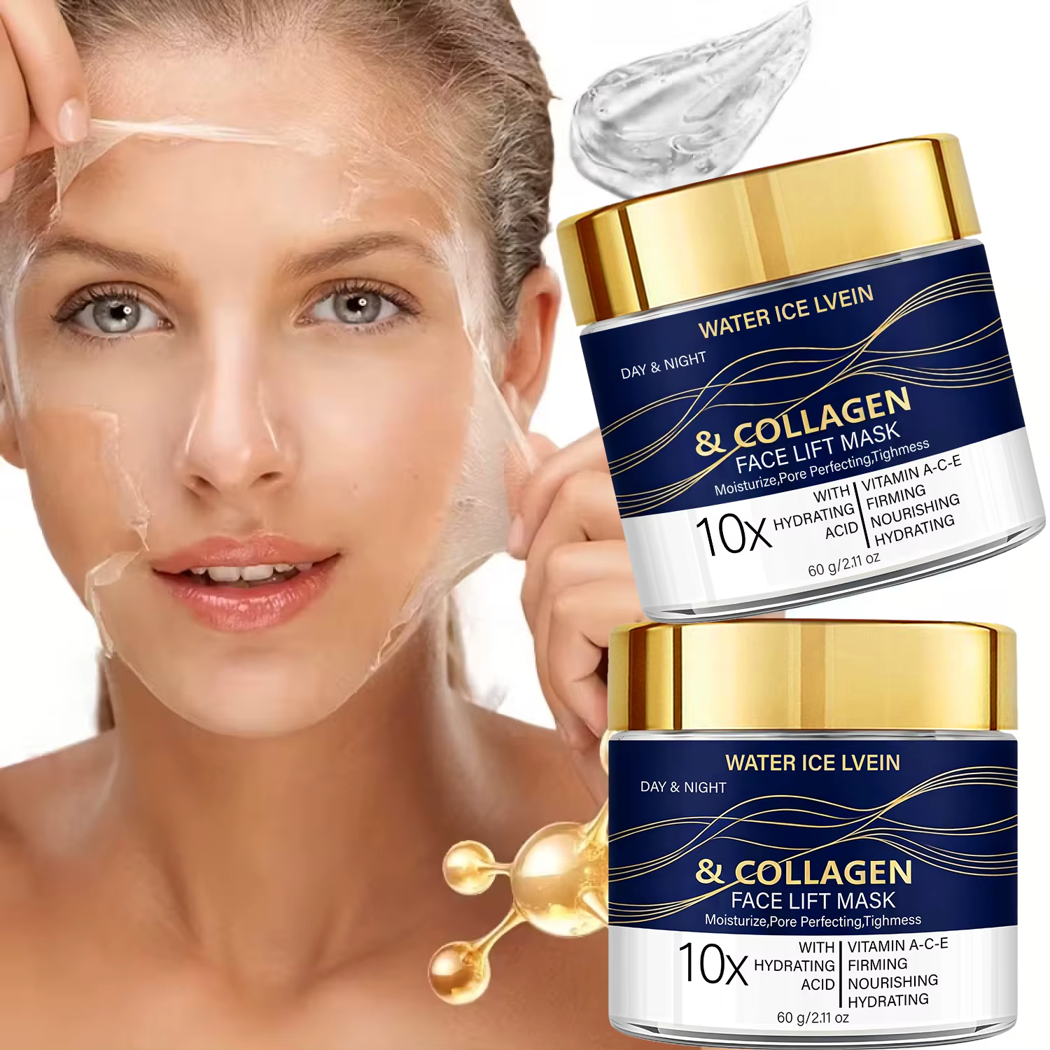 WATER ICE LEVIEN Masque Visage Liftant Hydratant Raffermissant Affine les Pores au Collagène Acide Hyaluronique Vitamines A C E pour Jour et Nuit 60g