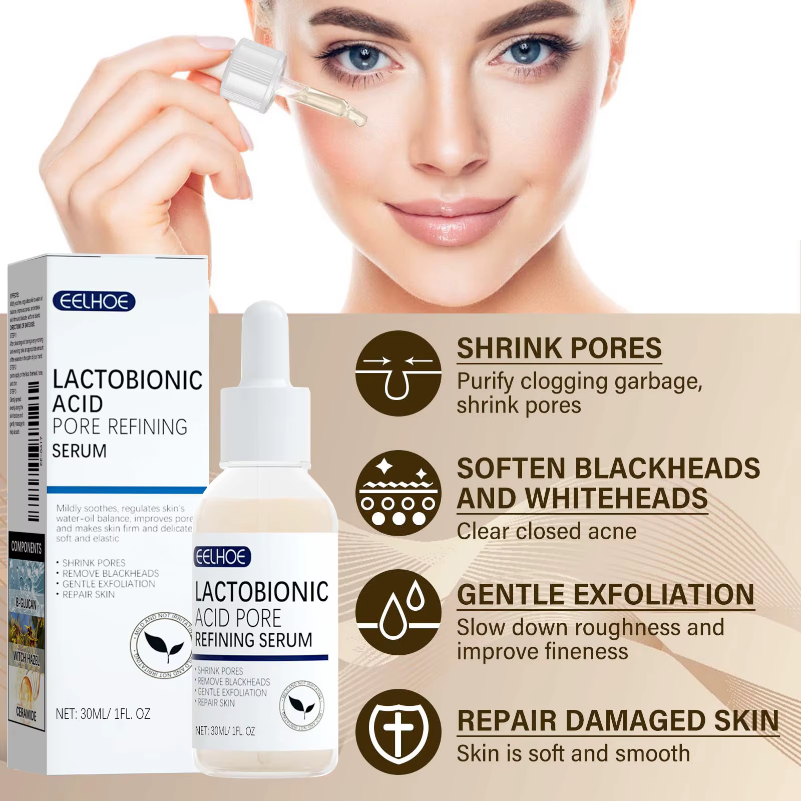 EELHOE acide lactobionique rétrécit les pores sérum pour le visage réparation de la peau enlever les points noirs acné