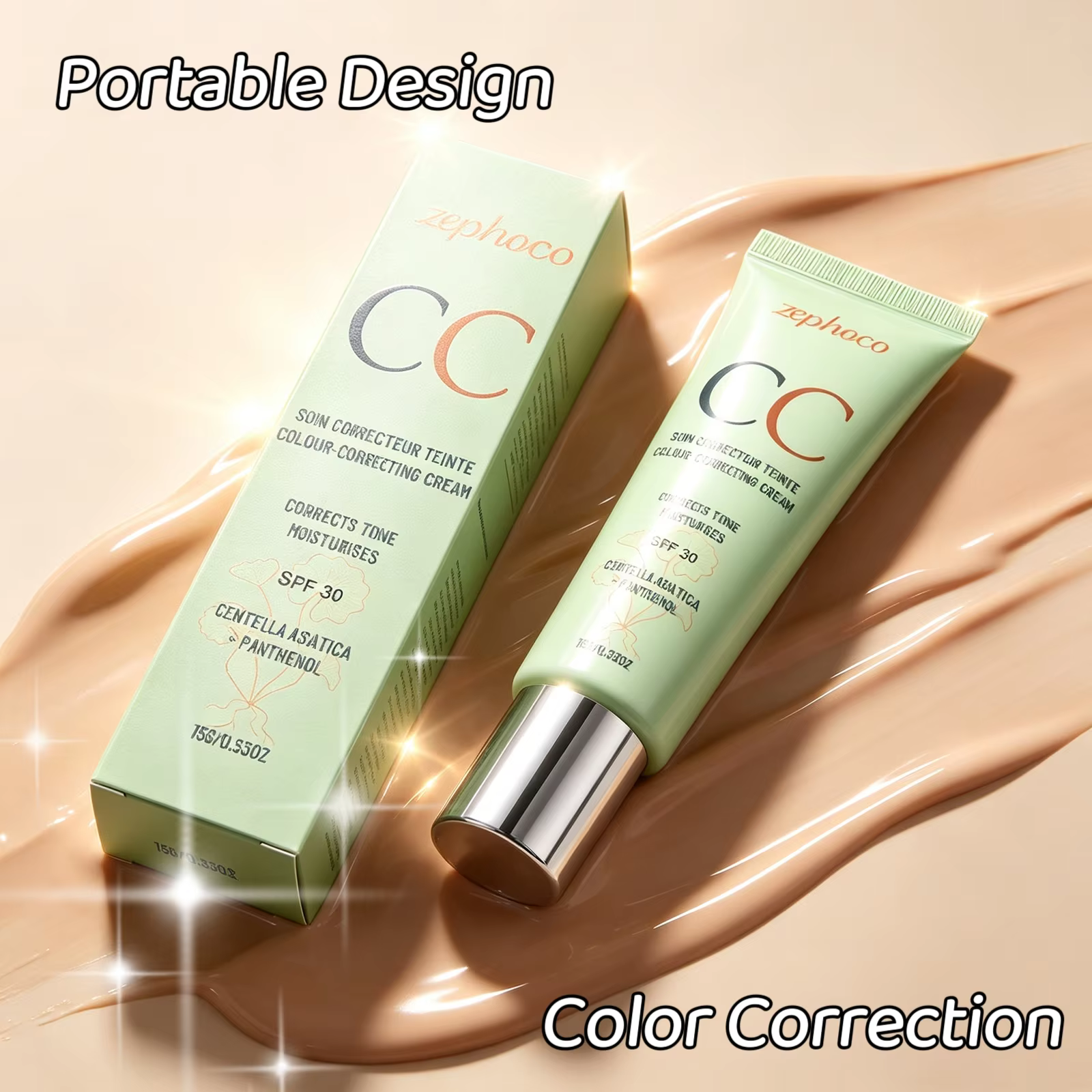 Crème Correctrice de Couleur Zephoco SPF 30 Protection Solaire Anti-UV Couvrance Rougeurs et Imperfections Imperméable Centella CC Cream Fond de Teint 15g