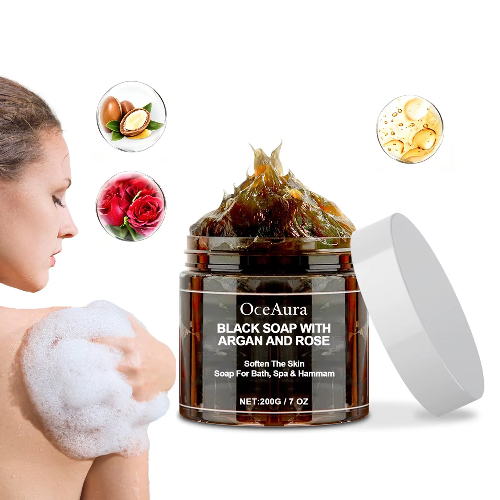 Savon Nettoyant Noir Exfoliant Corporel Purifiant Anti-Points Noirs Contrôle du Sébum Éclaircissant Crème Gommante Douce pour le Corps