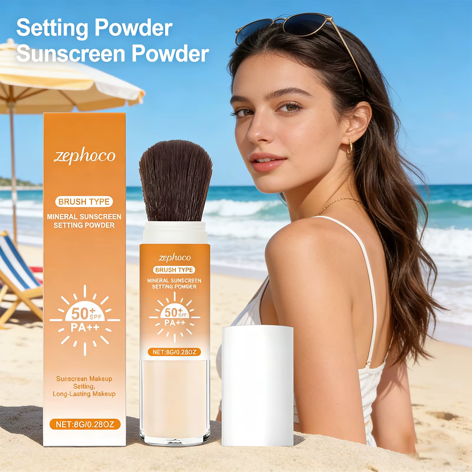 Poudre fixante solaire SPF 50+ Contrôle du sébum Longue tenue Fini mat Naturel Lisse Protection Respirante Maquillage Visage Extérieur