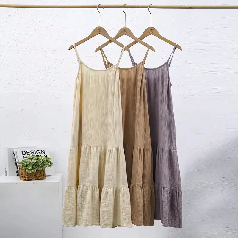Robe élégante et jolie en mousseline 100% coton pour femmes, robe sexy à col en V sans manches avec volants, robe chic pour les vacances à la plage
