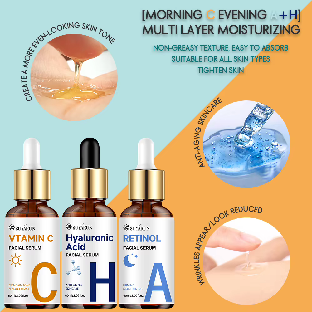 SUYARUN Sérum Vitamine C + Rétinol + Acide Hyaluronique Duo | Combo éclaircissant et hydratation anti-âge | Pour tout