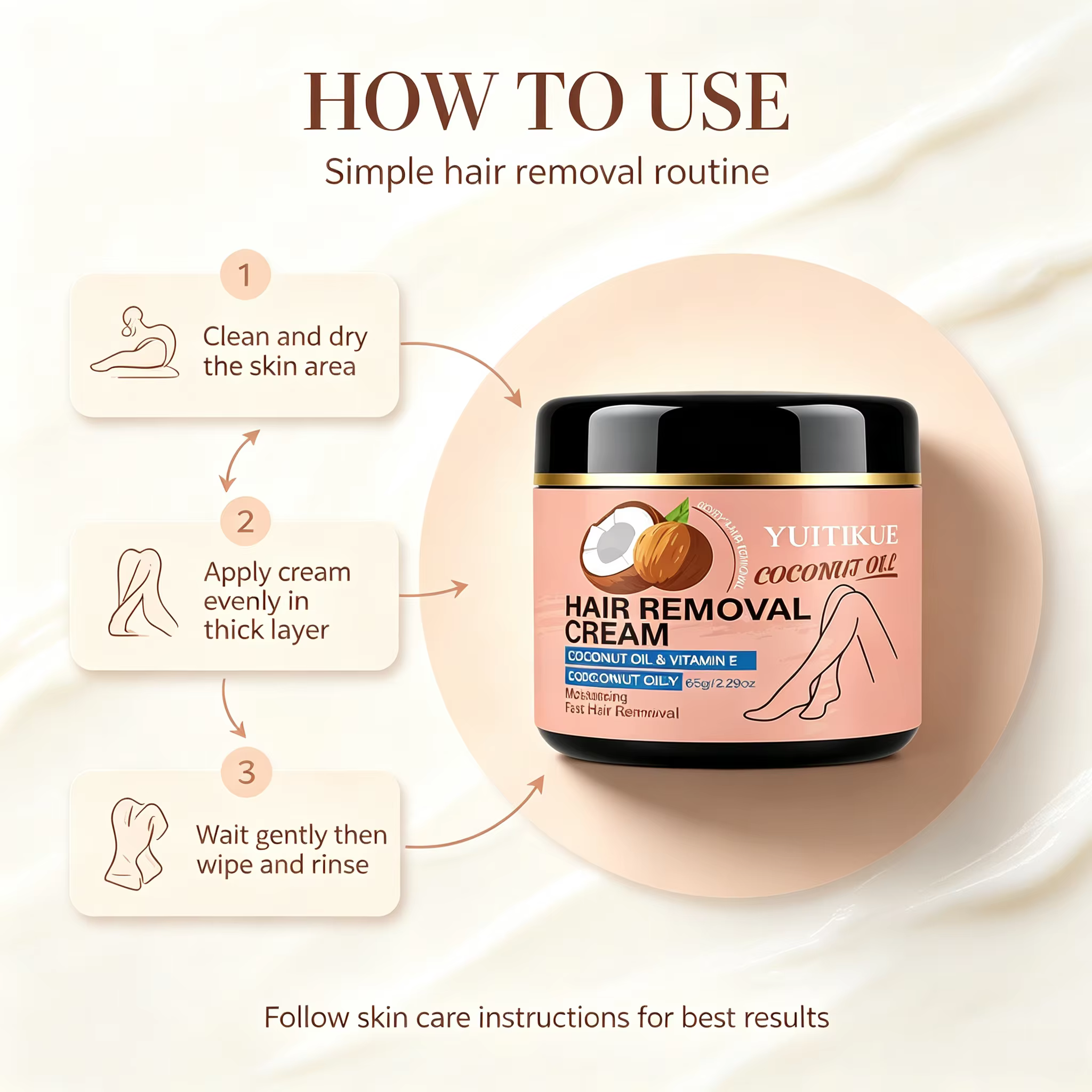 Crème dépilatoire à l'huile de coco YUITIKUE 65g - Douce et hydratante pour femmes