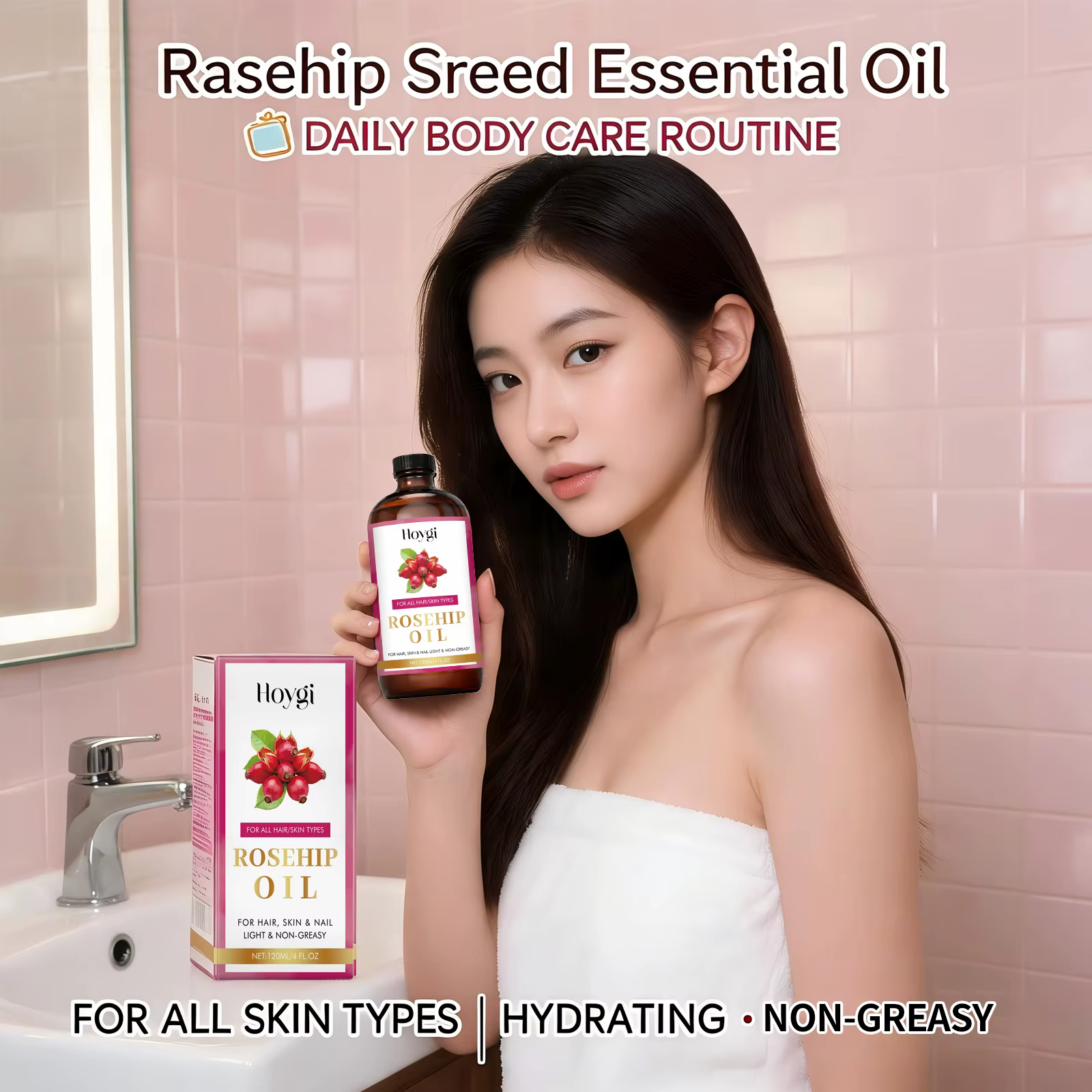 Huile Essentielle Apaisante de Graines de Rose Musquée pour Cheveux, Peau et Ongles – Huile de Massage Hydratante et Réparatrice pour la Peau et les Cheveux