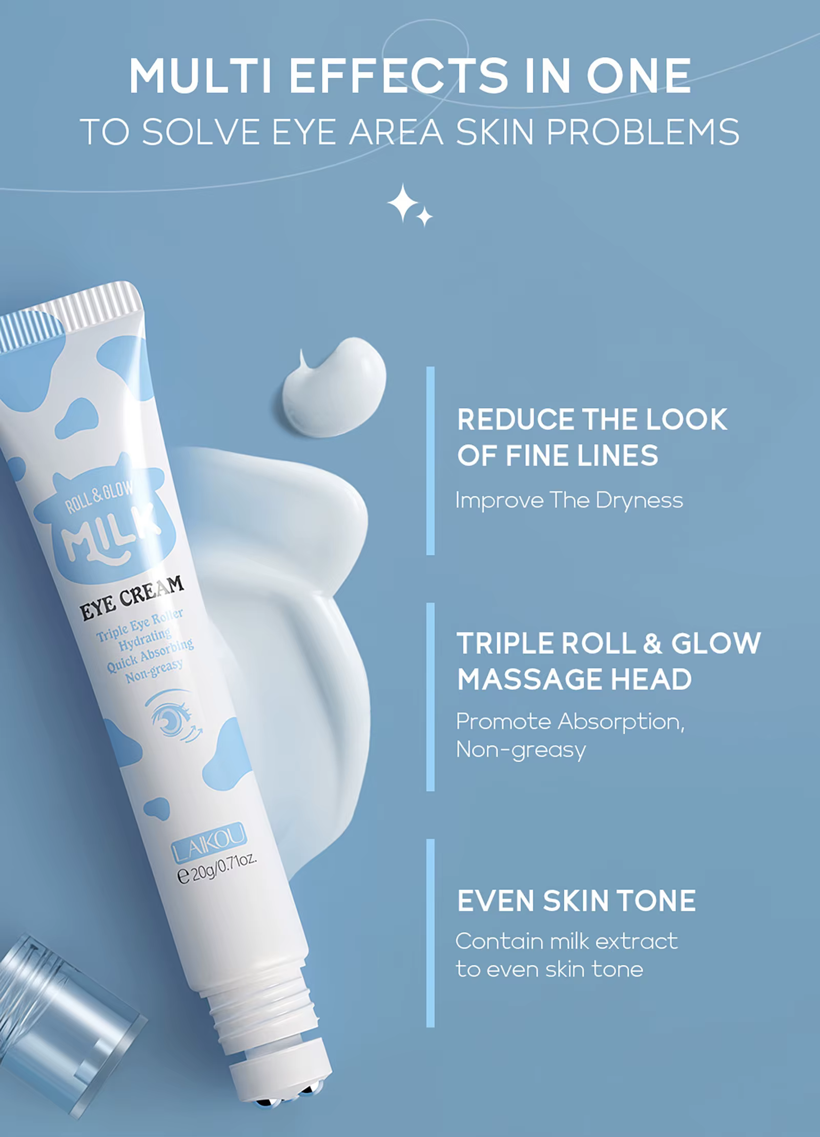 Crème Contour des Yeux LAIKOU au Lait Hydratante Éclaircissante Anti-Cernes Anti-Poches Atténue les Ridules Massage