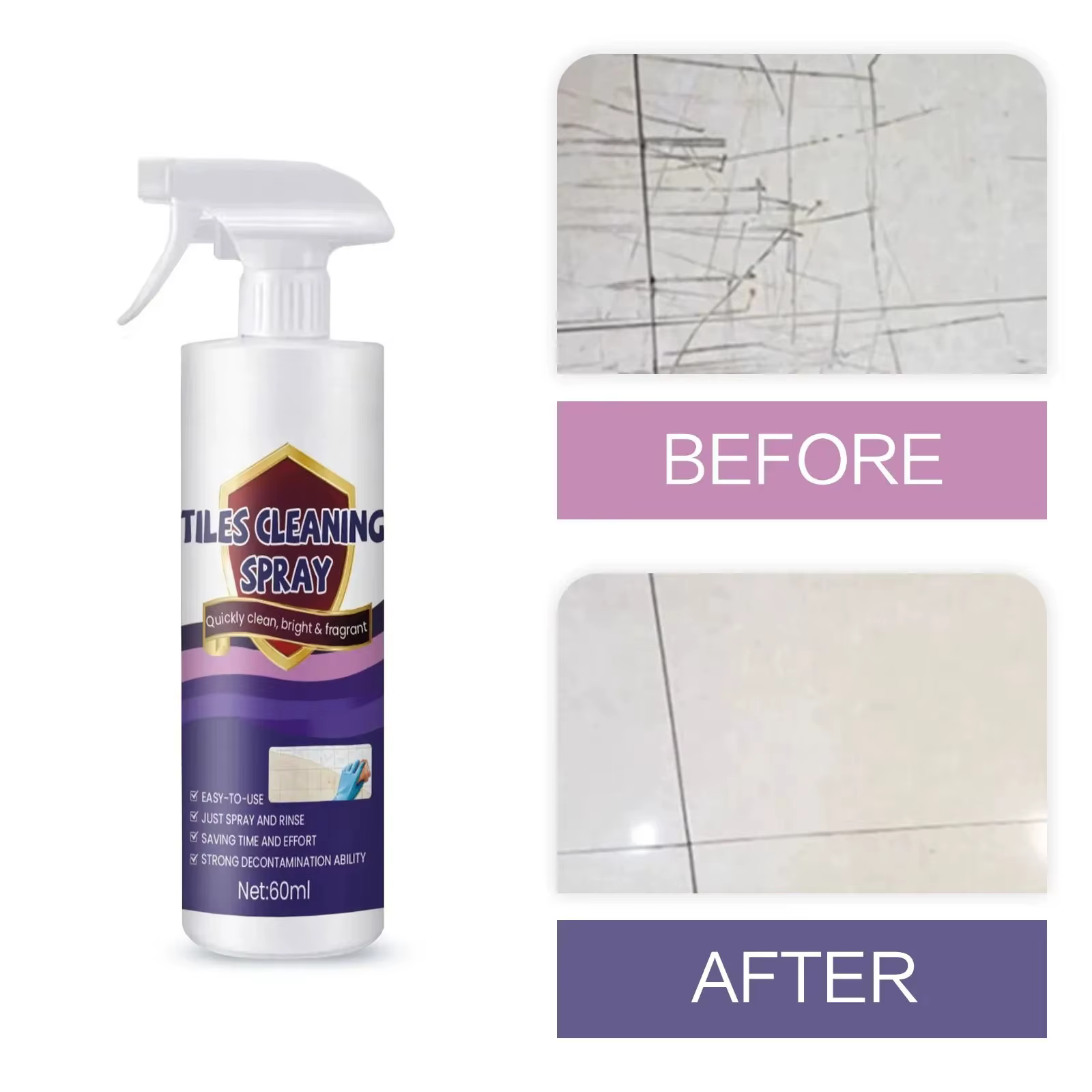 Spray Nettoyant pour Carrelage, Détachant pour Carreaux Céramiques, Nettoyant et Polissant pour Sols en Céramique, Réparateur de Rayures pour Marbre, Liquide Nettoyant pour Carreaux en Porcelaine
