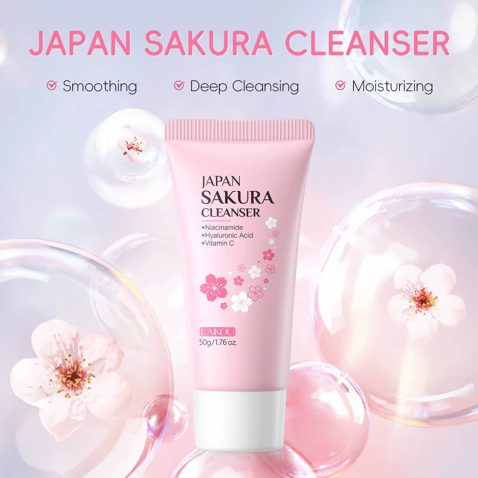 Laikou Sakura Nettoyant Visage Nettoyage en Profondeur des Pores Contrôle du Sébum Hydratant Éclaircissant Doux pour Tous Types de Peau 50g
