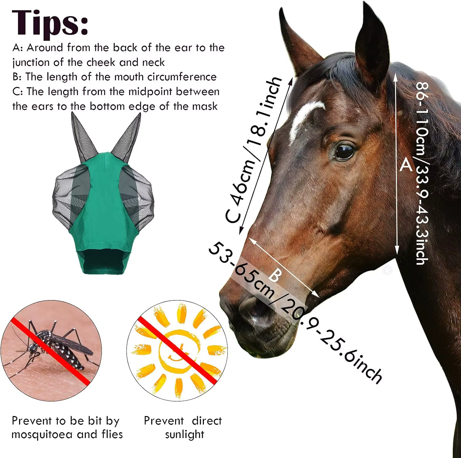 Masque anti-mouches pour chevaux avec oreilles, en Lycra extensible, protection UV, masque intégral, anti-moustiques, maille respirante, protection estivale pour équidés