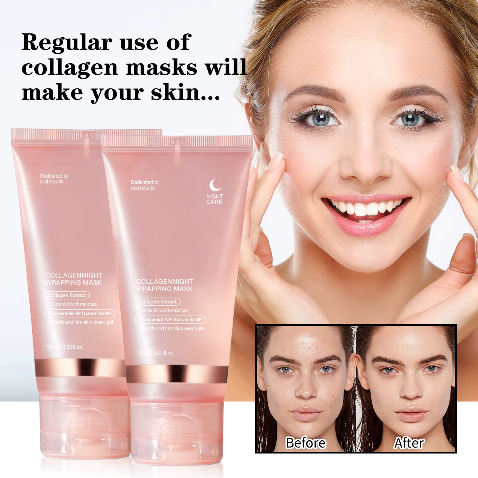 Masque raffermissant au collagène pour la nuit 75ml - Formule tenseur hydratante en profondeur pour une peau lisse