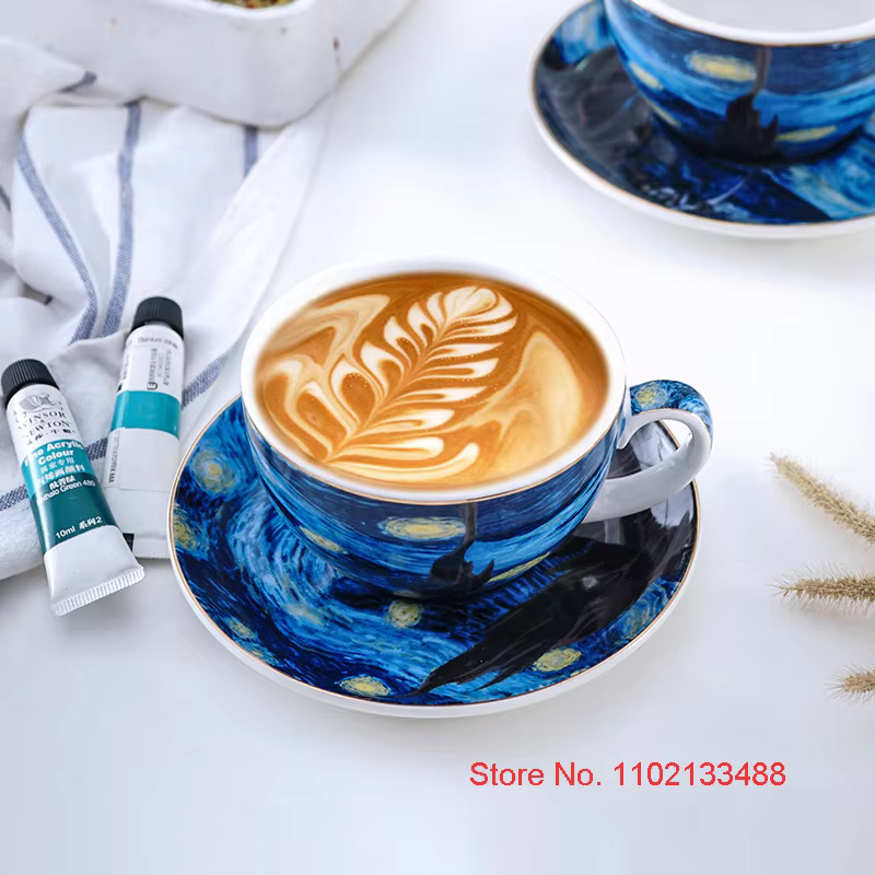 Van Gogh-Ensemble de tasses à café et d'assiettes en céramique de luxe, tasse à thé de dégustation de cappuccino, verre ESPRESbucDemitasse, peinture à l'huile
