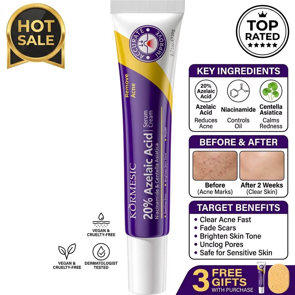 Crème Visage Multifonctionnelle à 20% d'Acide Azélaïque, Soin Hydratant Profond, Élimination de l'Acné et Lissage de la Peau, 20g