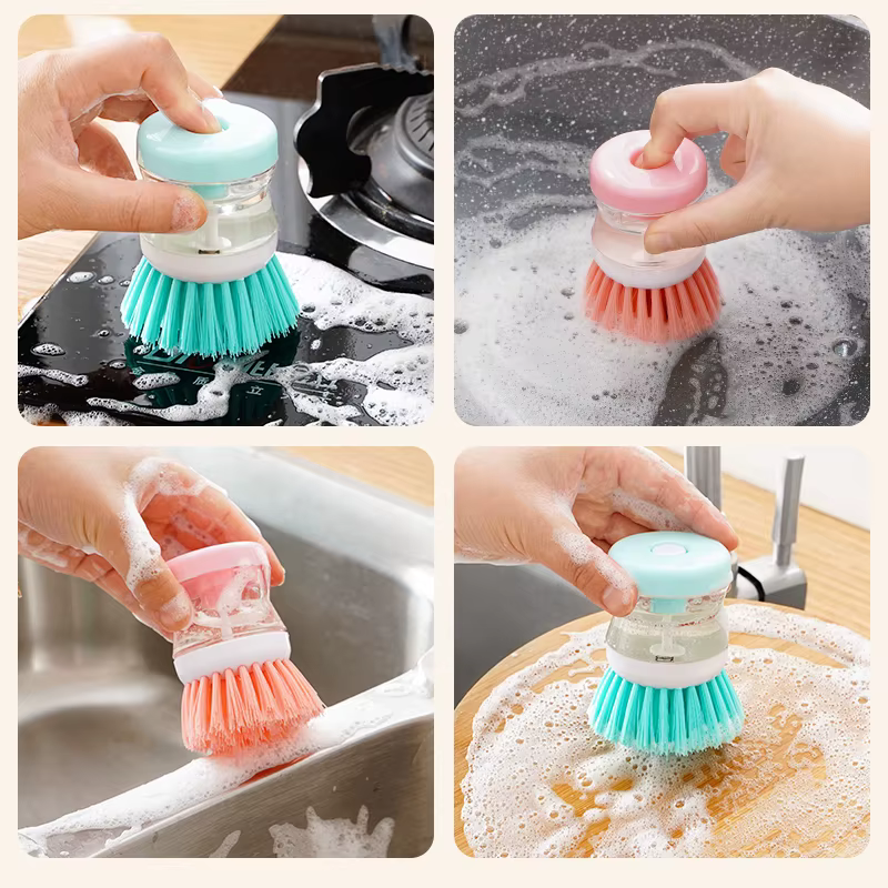 Distributeur automatique de savon avec brosse à vaisselle, brosse de nettoyage de cuisine avec poignée liquide, nettoyeur de casseroles et poêles robuste pour la maison