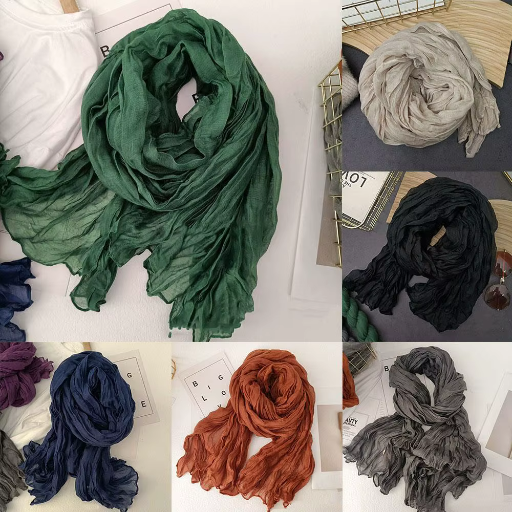 Écharpe en coton et chanvre de couleur unie, châle chaud et Chic, longues écharpes plissées, décor froissé Vintage, silencieux doux torsadé