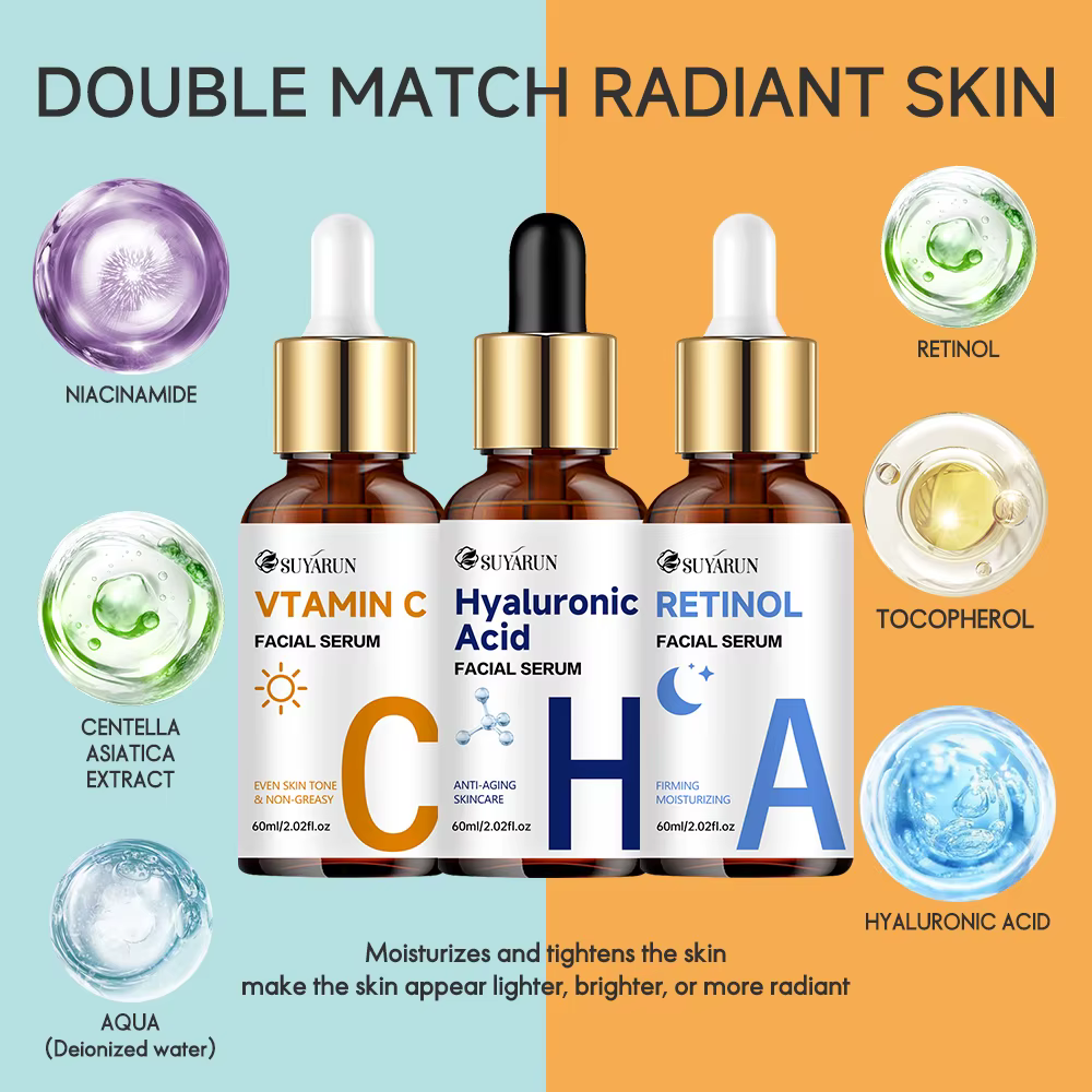 SUYARUN Sérum Vitamine C + Rétinol + Acide Hyaluronique Duo | Combo éclaircissant et hydratation anti-âge | Pour tout