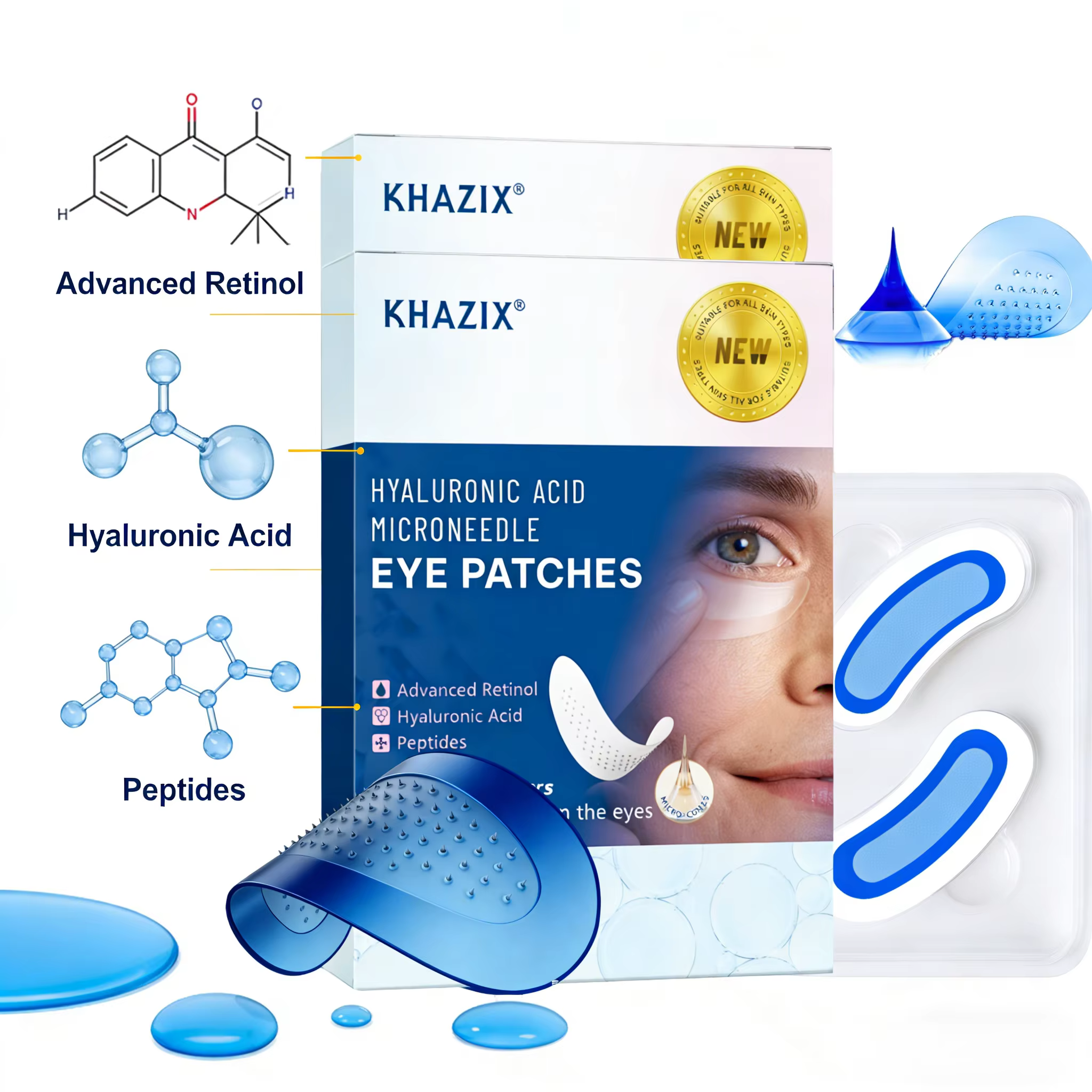 Patchs pour les yeux à micro-aiguilles au rétinol avec acide hyaluronique et peptides raffermissants