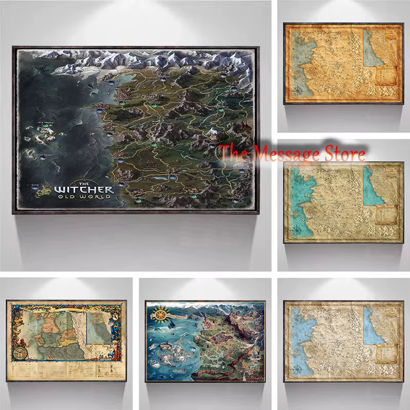 Carte du monde Witcher, localisation continentale, Art mural, jeu vidéo, décor de salle de Gamer, affiche, peinture sur toile, images murales, décoration de maison, cadeaux