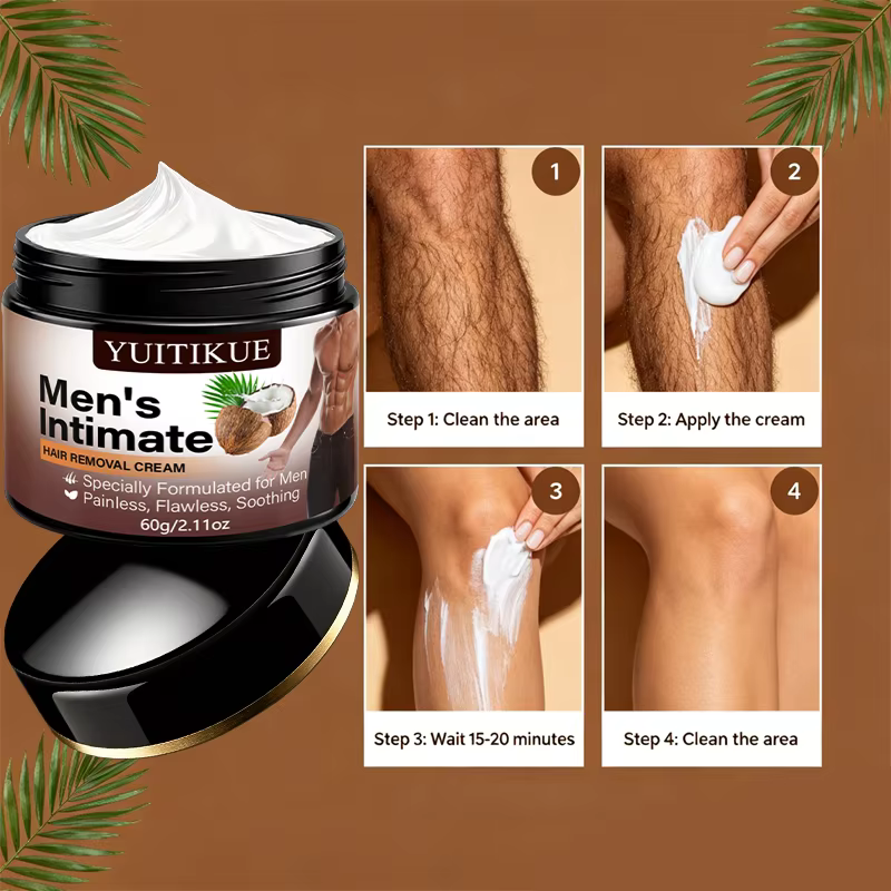 Crème dépilatoire intime pour hommes YUITIKUE 60g - Épilation indolore pour le corps et les zones intimes, extrait de noix de coco doux pour la peau