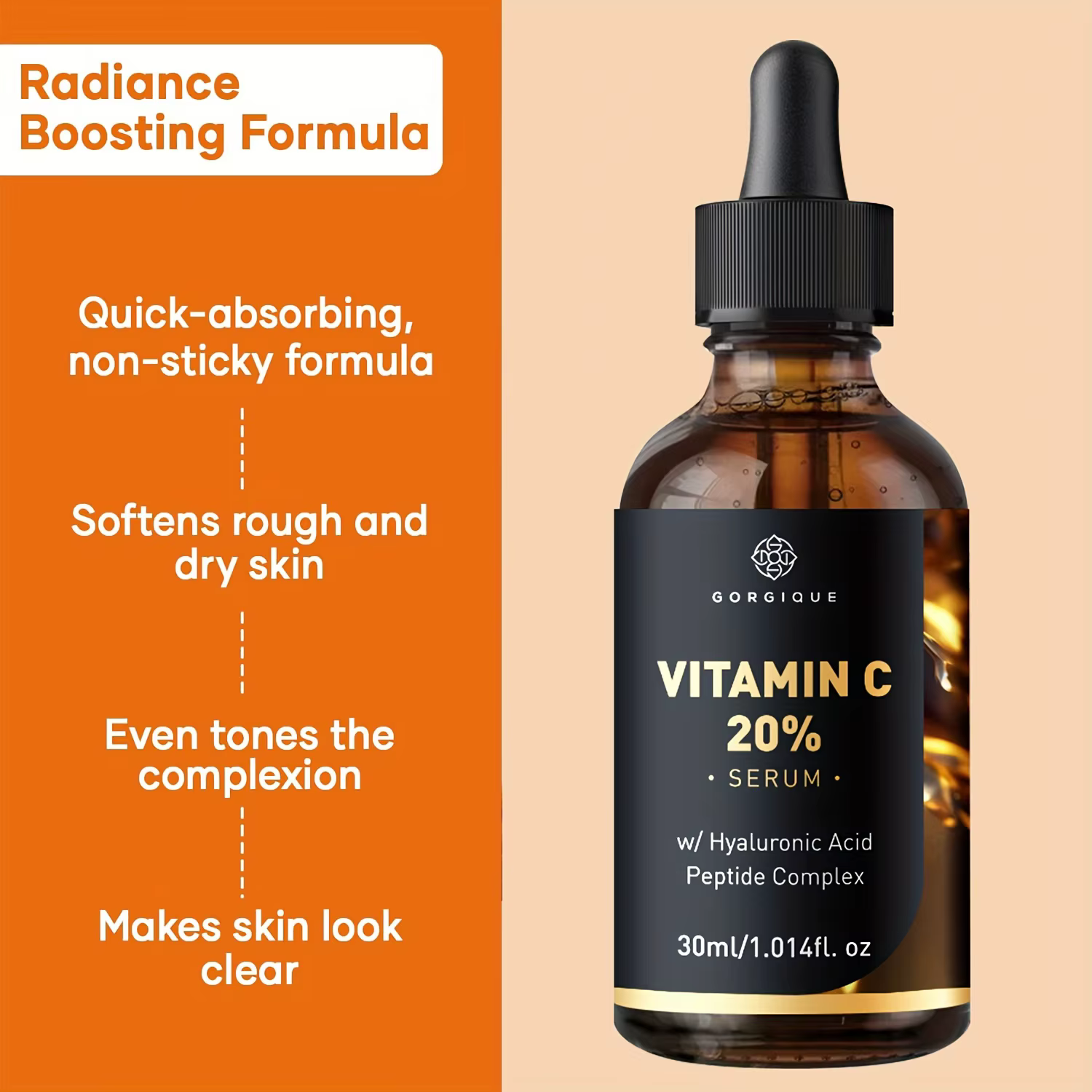 Sérum de vitamine C pour le visage amélioré avec des peptides d'acide hyaluronique