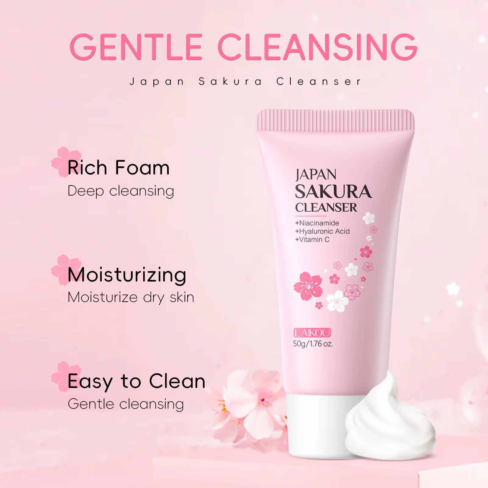 Laikou Sakura Nettoyant Visage Nettoyage en Profondeur des Pores Contrôle du Sébum Hydratant Éclaircissant Doux pour Tous Types de Peau 50g