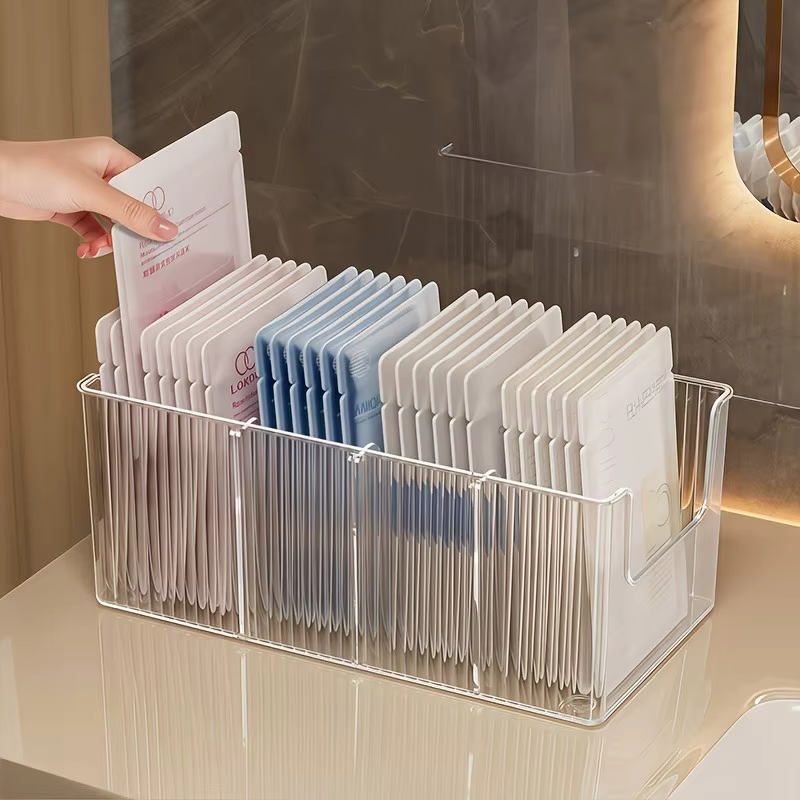 Boîte de rangement transparente compartimentée pour masques faciaux, support de rangement pour cosmétiques et produits de soin de la peau