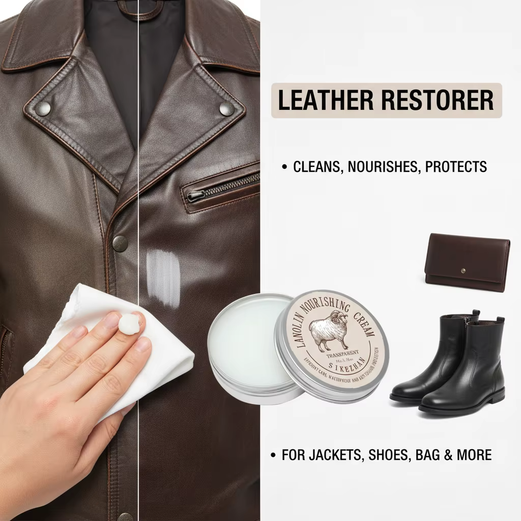 Crème d'entretien pour veste en cuir – Baume nourrissant pour lanoline, revitalisant transparent pour restaurer, imperméable et protéger les manteaux en cuir