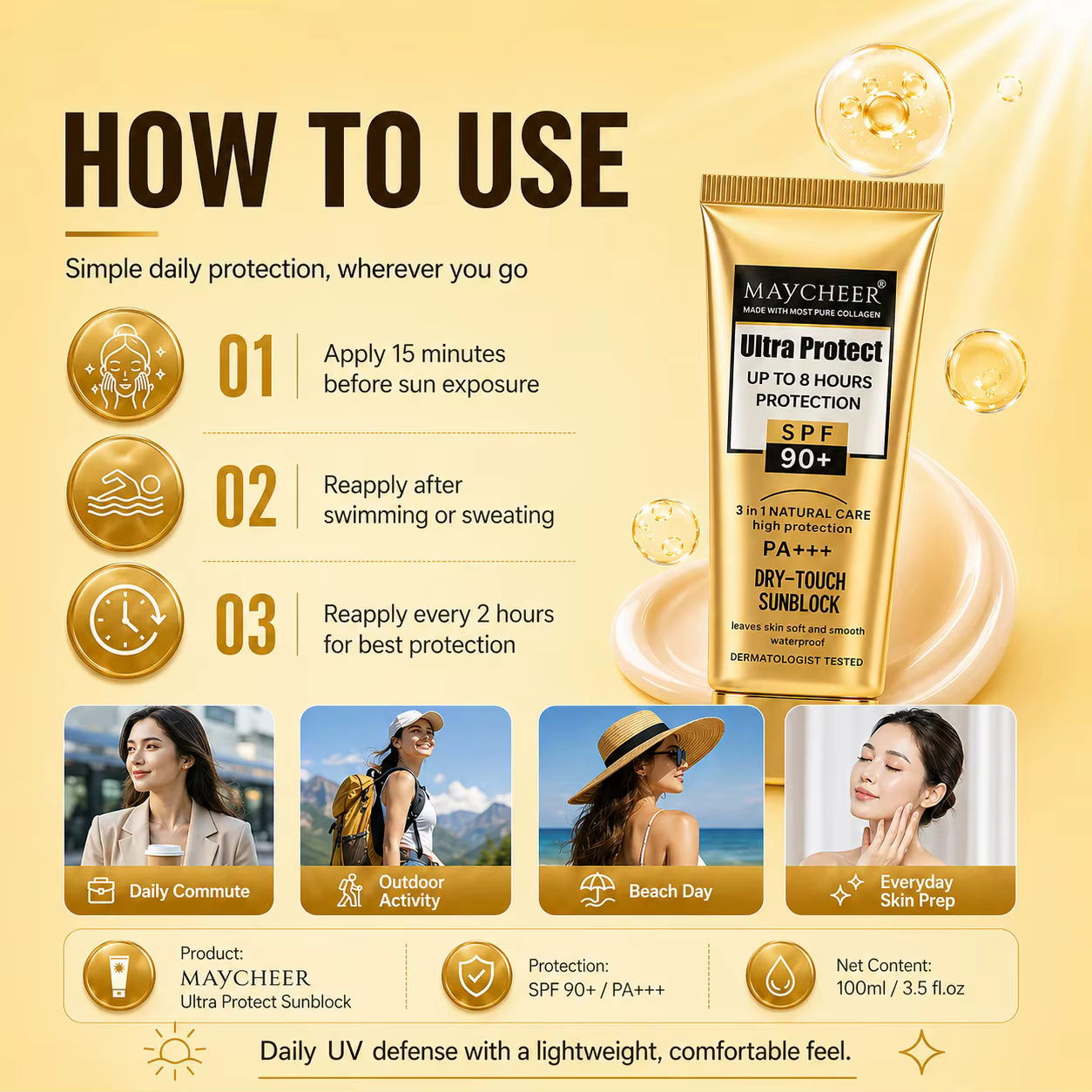 Crème solaire SPF90+, légère