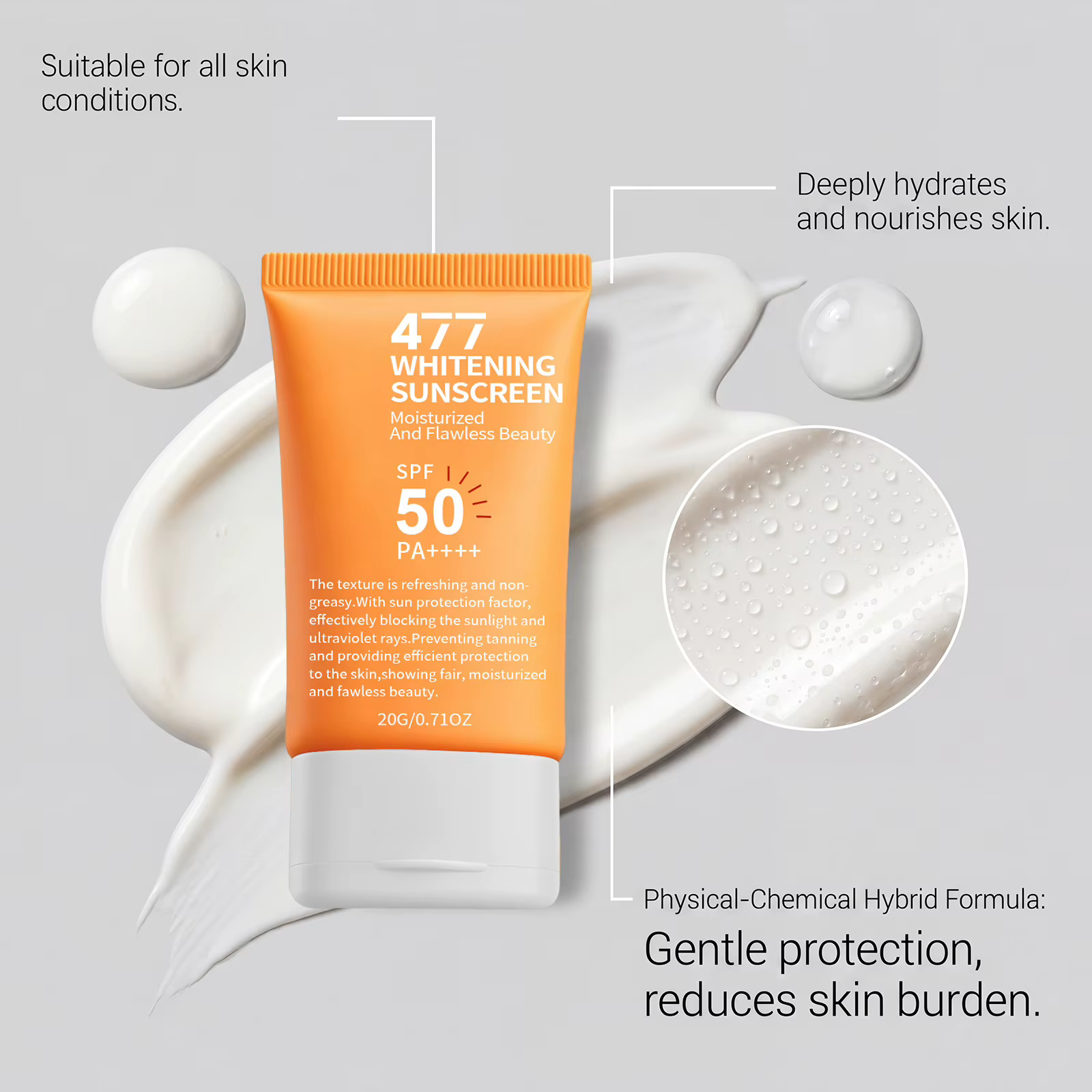 Crème solaire SPF 50 à large spectre UV, protection longue durée, contrôle du sébum, couvrance parfaite, légère et hydratante