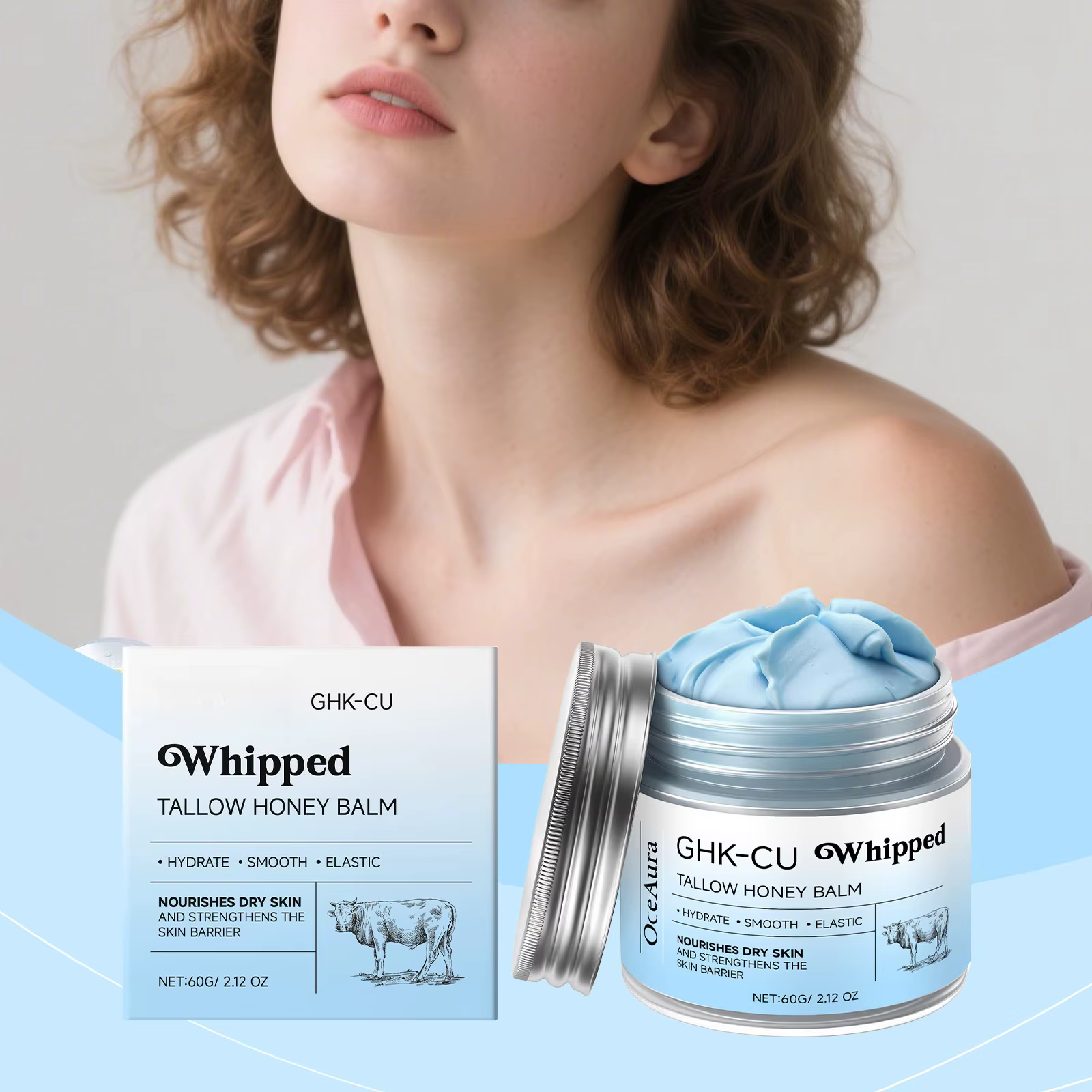 Baume Hydratant Bleu avec Peptides de Cuivre GHK-Cu et Suif de Bœuf : Soin au Miel de Manuka pour Peaux Sèches et Matures