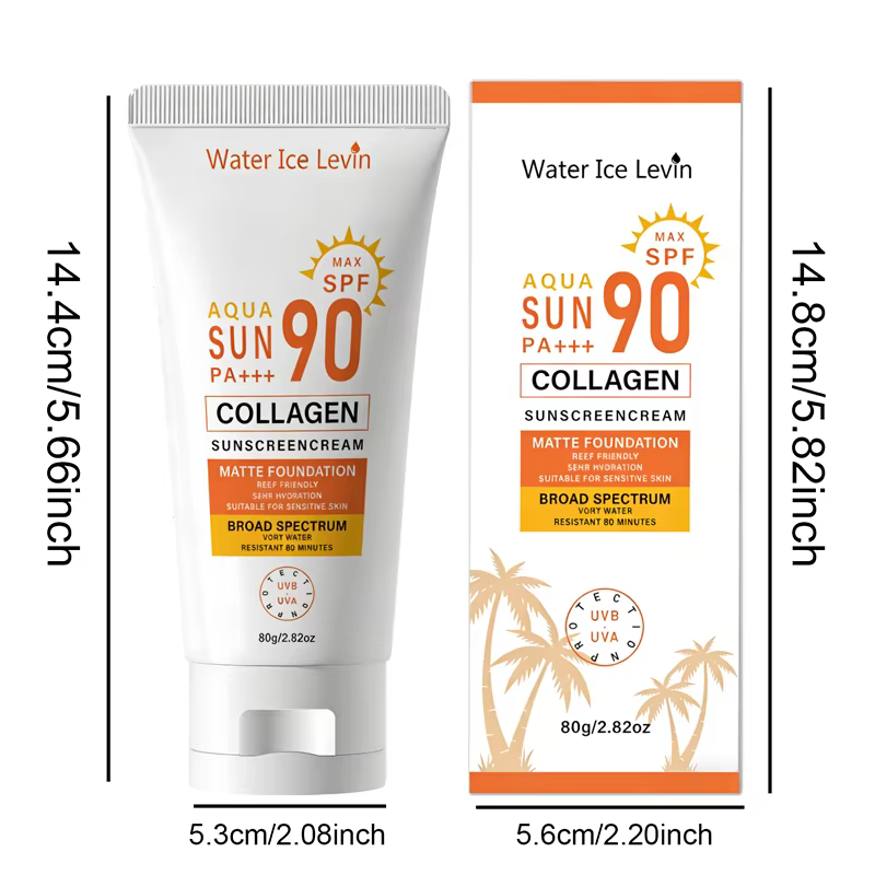 Crème solaire SPF 90+ PA+++ Large spectre. Résistant à l'eau 80 minutes. Protège contre les UVB et les UVA. Amical pour les récifs. Collagène. 80g.