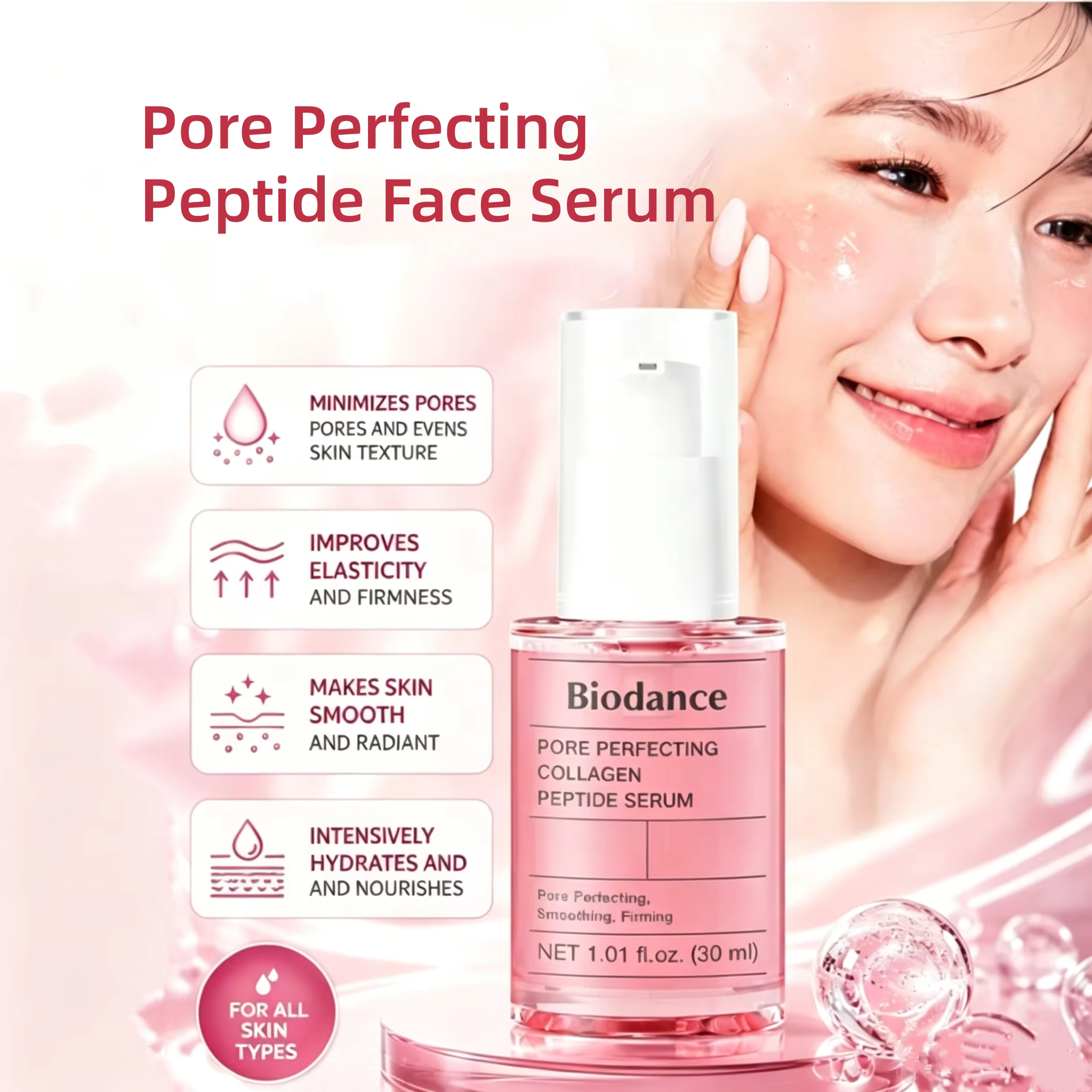 Sérum Coréen au Collagène et Peptides pour Affiner les Pores & Sérum Hydro Cera-nol, Essence Hydratante Apaisante pour le Soin des Pores du Visage 30ml