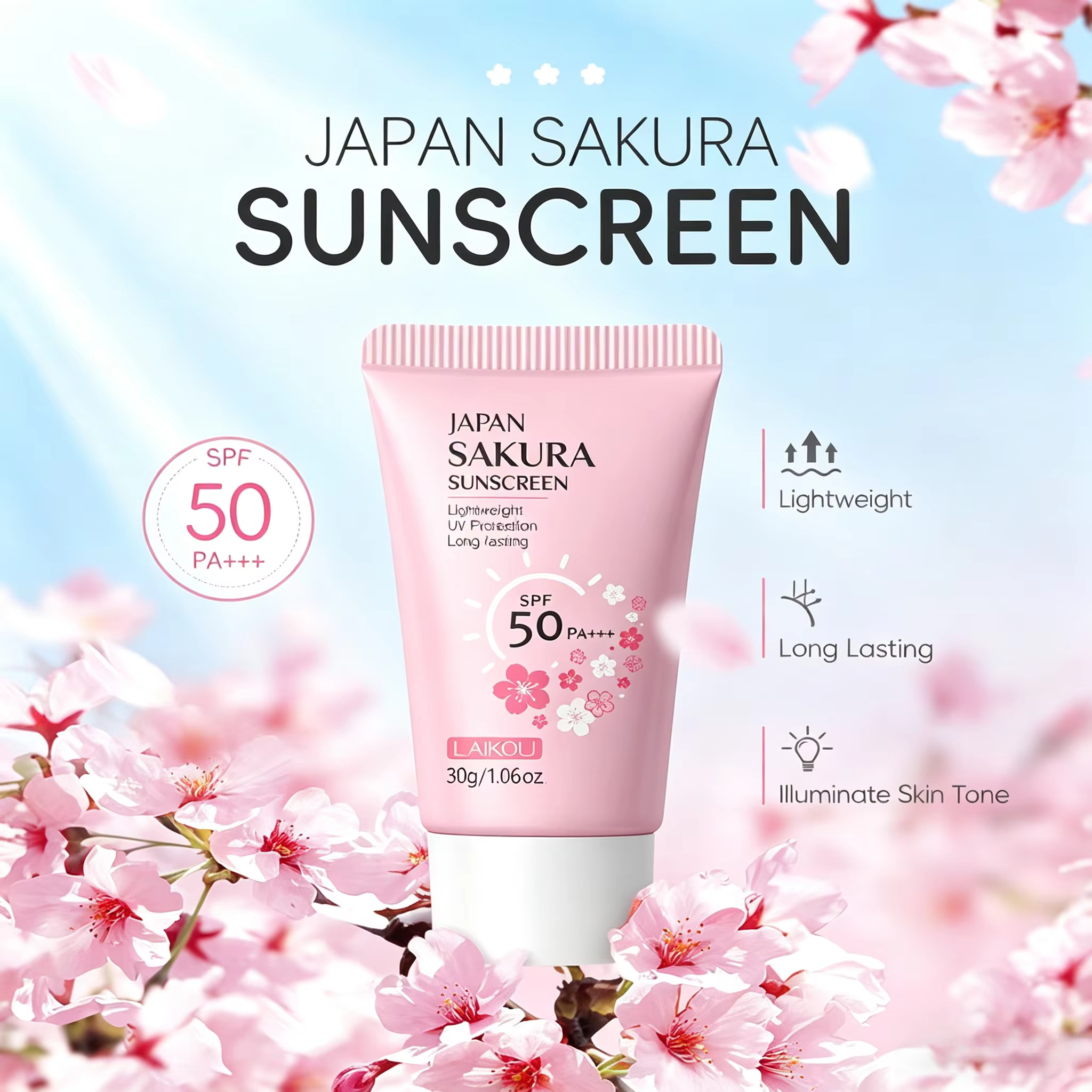 Crème solaire LAIKOU Sakura SPF50+ Protection UV Visage et Corps Rafraîchissante Imperméable Hydratante Correctrice 30g 
