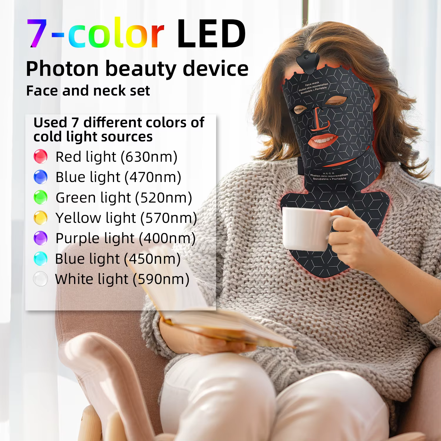 Masque facial ou pour le cou à LED 7 couleurs avec 80 lumières