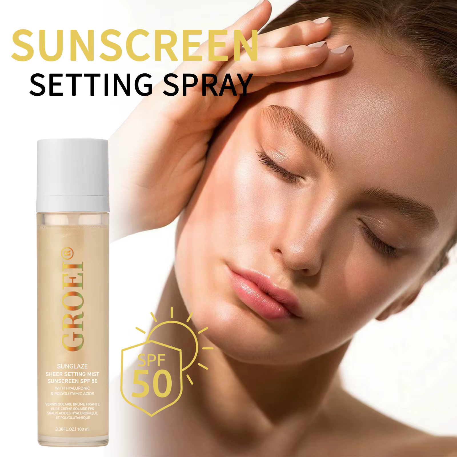 Spray fixateur de protection solaire SPF 50, 100ml, brume transparente, soins pour la peau du visage, léger et Non gras