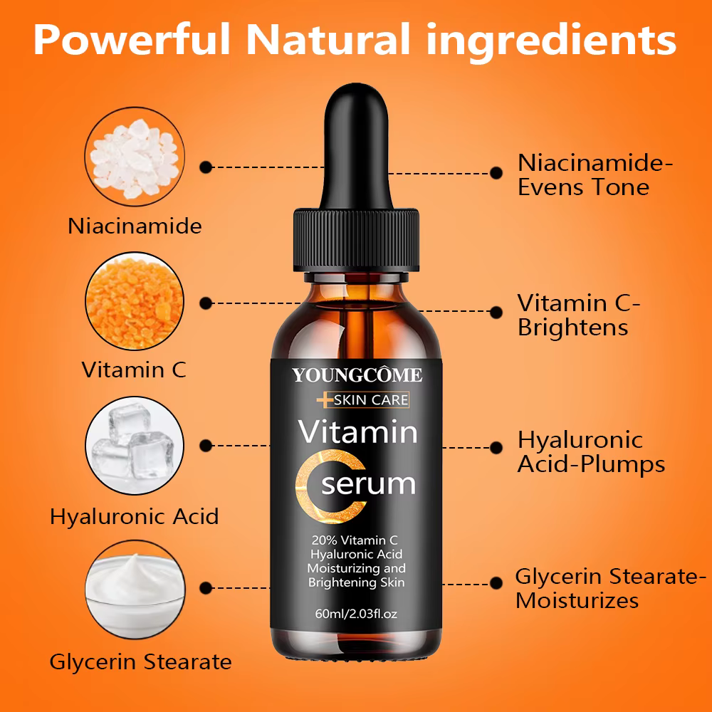 YOUNGCOME Sérum à l'acide hyaluronique à la vitamine C - Essence pour le visage hydratante et raffermissante quotidienne pour tous les types de peau 40/60ML