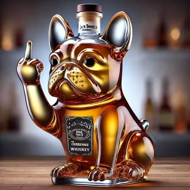 Bouledogue français en verre transparent créatif, vin rouge créatif, bouteille de vin scellée de forme irrégulière, bouteille vide de whisky et de vodka