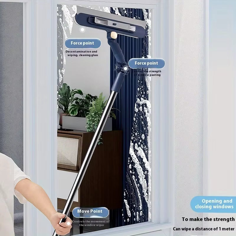 Brosse à vitres pour immeubles de grande hauteur avec raclette, mini-brosse rotative, essuie-glace 2-en-1, outil de nettoyage domestique pour murs et sols en verre