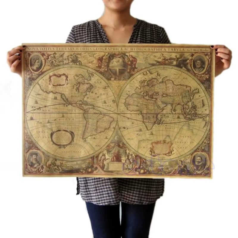 Affiche carte du monde en papier brun 256, 71x50cm, rétro vintage, vieux globe, décoration de la maison
