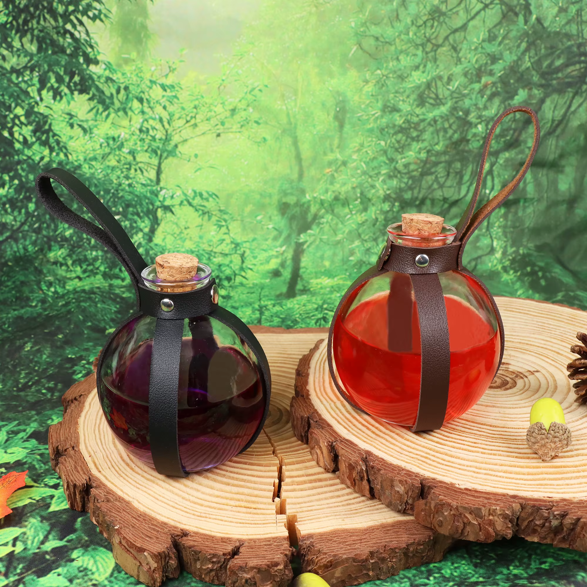 Bouteille en verre pour potion de magie noire Sorcière et Sorcier avec étui en cuir PU – Décoration de fête d'Halloween, Costume Ren Faire